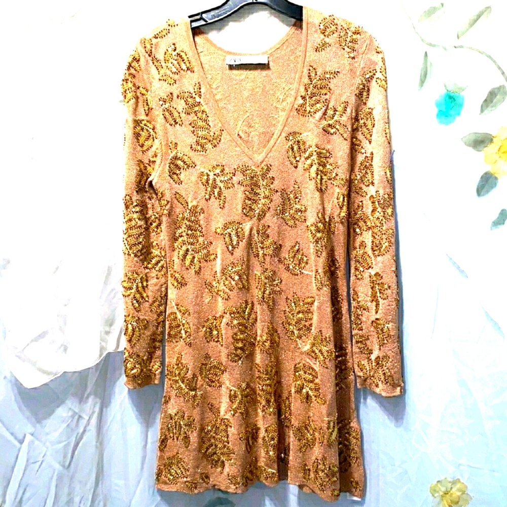 ZARA GOLD/BRASS BEADED/SEQUIN V-NK LEAF DRESS SZ S